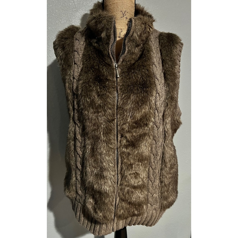 Carte Faux Fur Vest Womens M Brown Excellent Cable Knit Full Zip Jacket